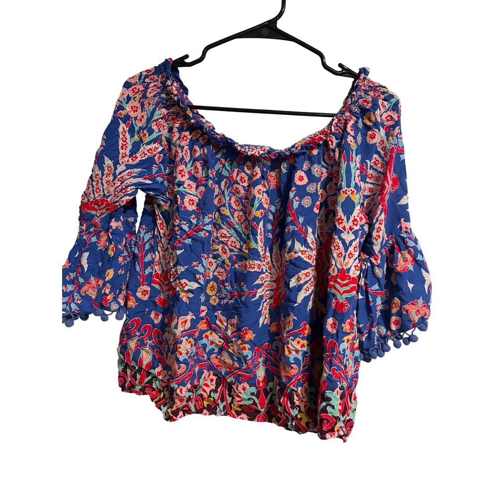 Grand & Greene Blue Floral Paisley Off Shoulder Pom Pom Bell Sleeve Blouse‎ XL